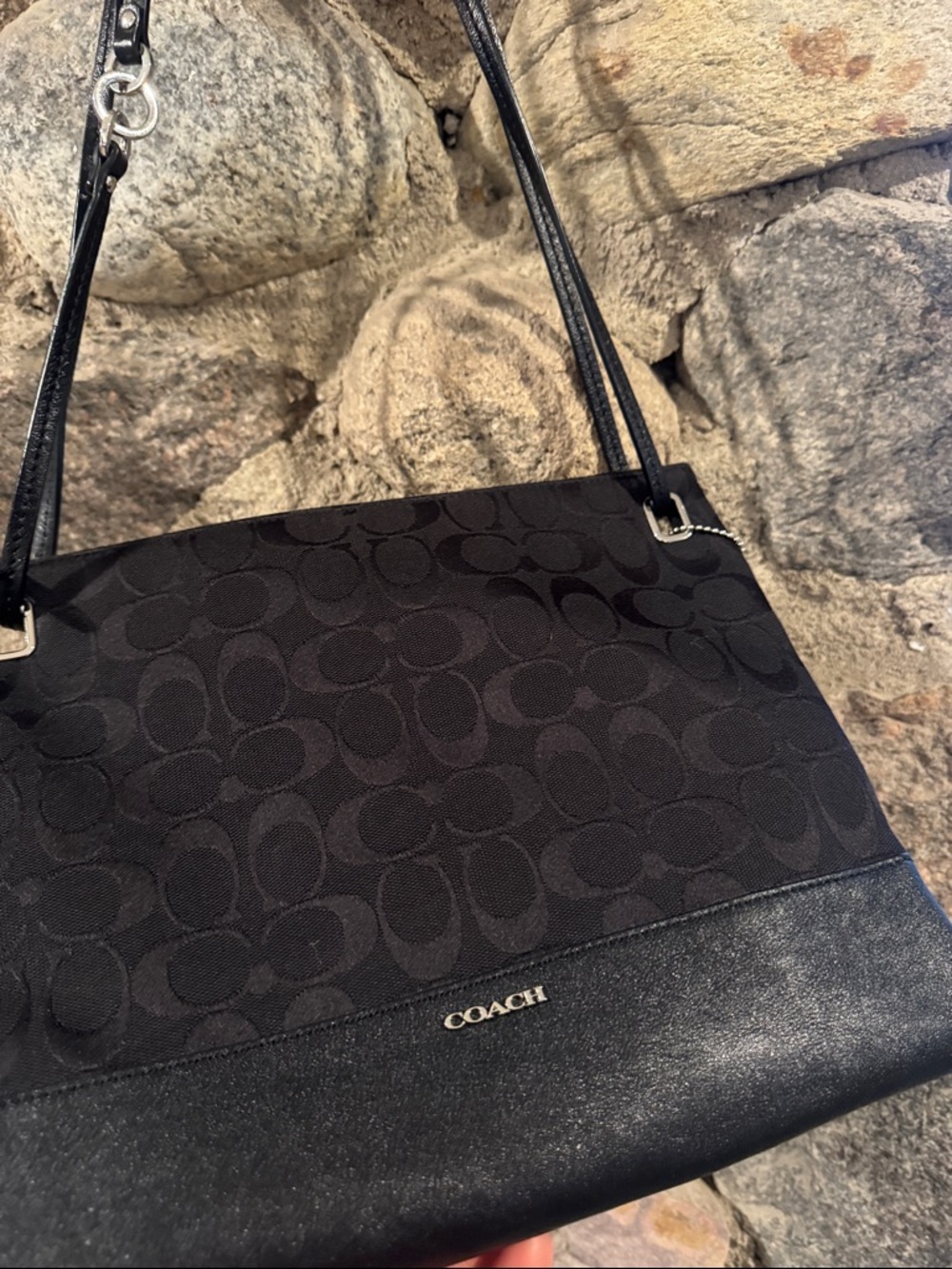 Coach Black Signature Shoulder Bag with Leather Trim
